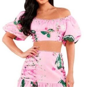 L'ATISTE Pink Ombre Green Floral Butterfly Zip Up Puff Sleeve Top NWT Size Large